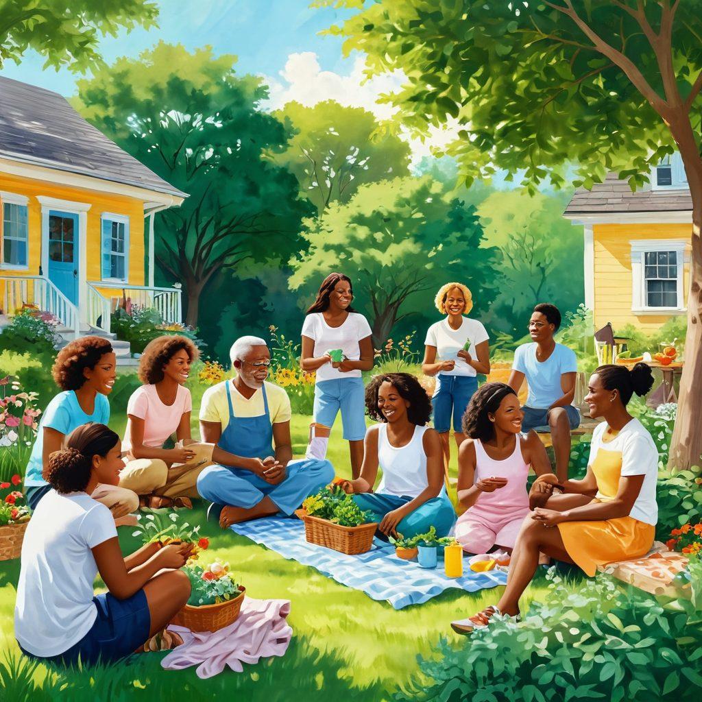 A colorful illustration depicting a diverse group of people engaging in community activities, such as gardening, sharing stories, and enjoying a picnic. The scene is filled with lush greenery, blooming flowers, and warm sunlight, symbolizing positivity and connection. Expressions of joy and collaboration are evident, enhancing the sense of community and bliss. A soft, dreamy background with gentle gradients adds a whimsical touch. vibrant colors. painting.